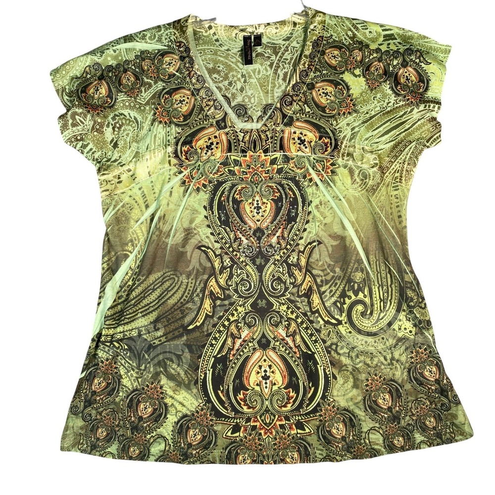 Susan‎ Lawrence Petite Psychedelic Paisley Print Short Sleeve V Neck Top PL